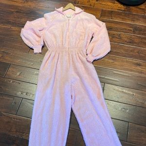 Vintage 1970’s Leisure Life Chenille Cotton Pink Jumpsuit S-M